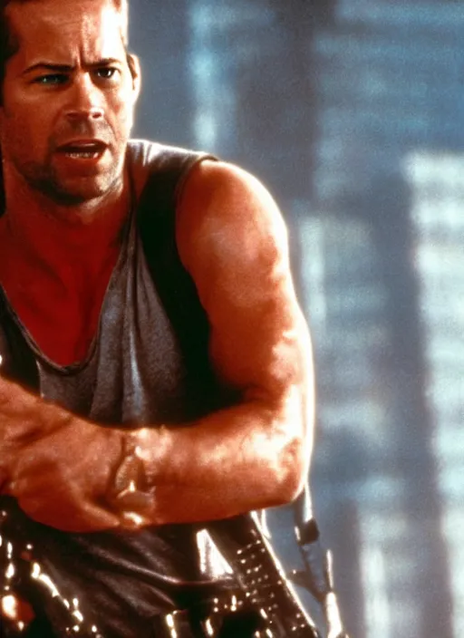 Image similar to film still of Paul Walker as John McClane in Die Hard, 4k