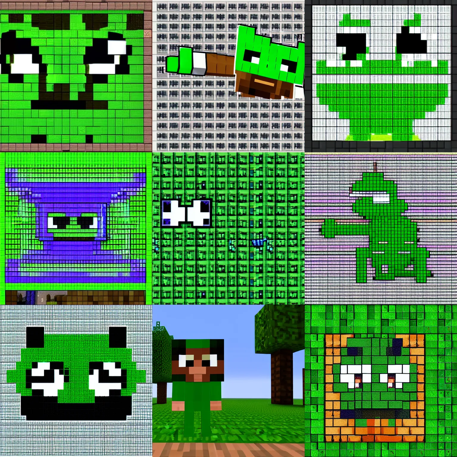 Prompt: minecraft screenshot of pepe the frog pixelart