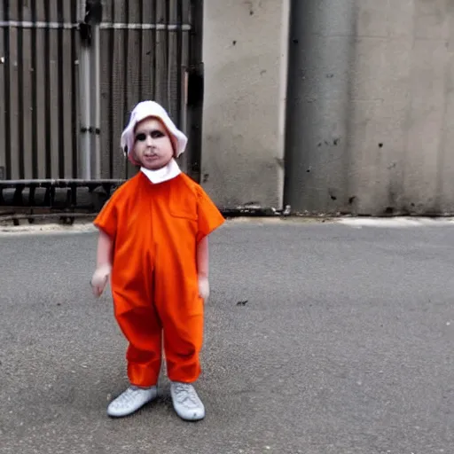 Prompt: cute pullet dressed as an inmate, campau mike style