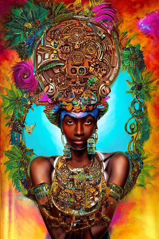 Image similar to opalescent retrofuturistic digital airbrush illustration of an african warrior wearing an ornate gpu headpiece and holding a flower with a map of the collective subconscious in the background by luigi patrignani