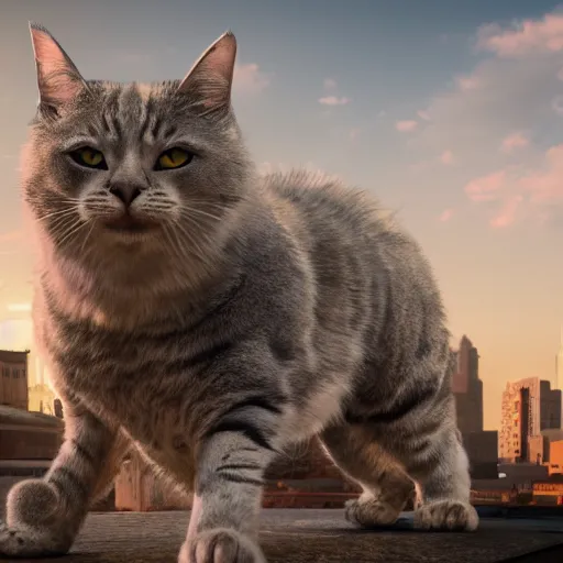 Image similar to giant cat invading detroit, dslr, 8 k, octane beautifully detailed render, detailed lighting, cinematic lighting, detailed photo, masterpiece, volumetric lighting, ultra realistic, highly detailed, high quality, lossless, photorealistic