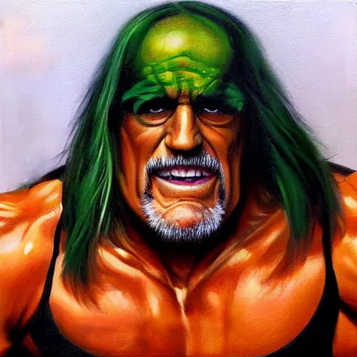 Image similar to wrestler hulk hogan, photorealistic, ring of fire, painted by phil hale