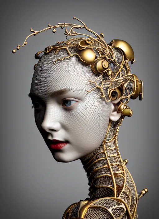 Image similar to complex 3d render ultra detailed of a beautiful porcelain profile woman face, mechanical cyborg, 150 mm, beautiful natural soft light, rim light, studio light, silver gold details, magnolia big leaves and stems, roots, fine foliage lace, mesh wire, intricate details, hyperrealistic, mandelbrot fractal, anatomical, red lips, white metal armor, facial muscles, cable wires, microchip, elegant, Alexander Mcqueen haute couture, octane render, H.R. Giger style, 8k