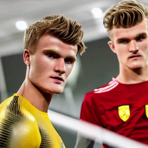 Image similar to a realistic detailed photo of a guy who is an attractive humanoid who is half robot and half humanoid, who is a male android, soccer players martin ødegaard & timo werner, shiny skin, posing like a statue, blank stare, in a factory, on display, showing off his muscles, gold soccer shorts, side view, looking at each other mindlessly