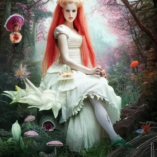 Prompt: Alice in wonderland, looks like a mix of Grimes, Lana Del Rey andAurora Aksnes, style is hyper realistic, Arnold render, inspired by shoujo manga and pre-raphaelite paintings, she is sitting on a giant elaborate, fantastic fungi throne, ethereal, phantasmagorical, dream sequence, hypnotic, hallucinatory, faeriecore, cottagecore, dramatic forest backdrop