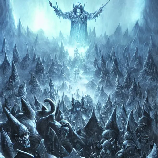Prompt: vast ice dungeon, the lich king summoning a horde of undead warriors, warcraft, warcraft artwork, digital drawing, hyperrealistic, hyper detailed, dark fantasy, gritty