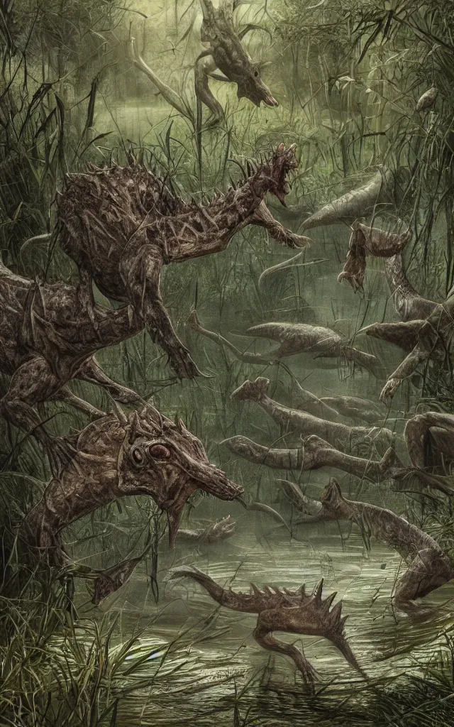 Prompt: lot of diplocaulus and hallucigenias living in a swamp, photorealistic, highlydetailed, paleoart