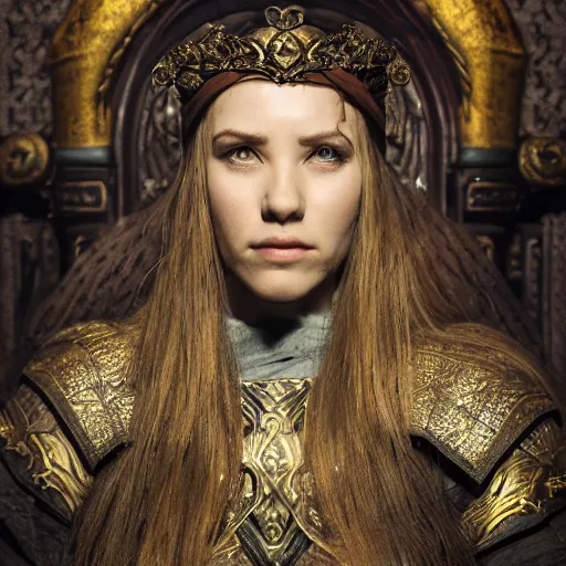 Image similar to the elder scrolls vi, charismatic regal humble brunette female jarl, portrait, throne room, atmospheric lighting, painted, intricate, volumetric lighting, beautiful, daytime, sunny weather, slight overcast, sharp focus, deep colours, ultra detailed, by leesha hannigan, ross tran, thierry doizon, kai carpenter, ignacio fernandez rios