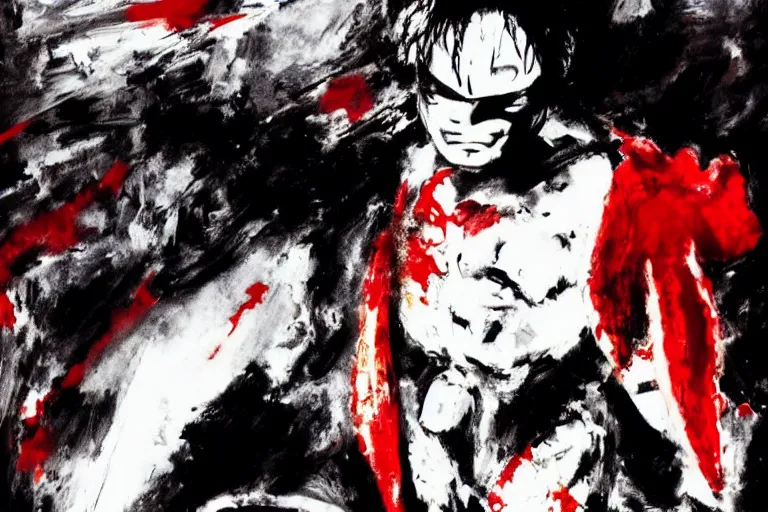 Prompt: movie screenshot of akira ( 1 9 8 8 ) tetsuo in a white superhero suit / mask and red cape, by ashley wood, yoji shinkawa, 6 0's french movie poster, french impressionism, palette knife and wide brush strokes, black and white only