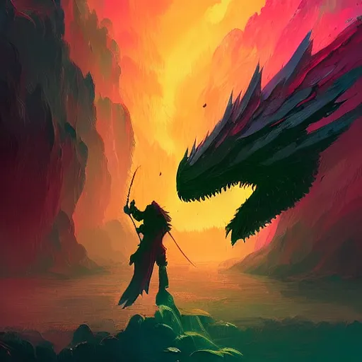 Image similar to a hero slaying a dragon, high fantasy, magical, mythical, digital art, trending on artstation, by alena aenami, by petros afshar, by anton fadeev, by anato finnstark