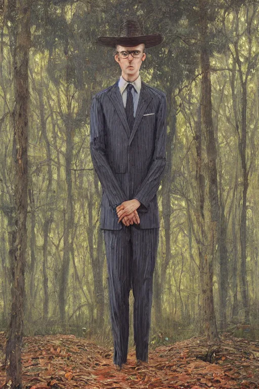 Prompt: close up portrait of slender - man wearing a suit, in a deserted playground in the woods, by frantisek kupka, intricate, miles johnston, kuroda seiki, cynical realism, ozabu, john william godward, painterly, yoshitaka amano, moebius, miles johnston, louise zhang, james jean, mark ryden