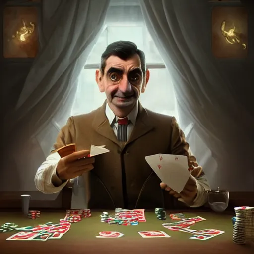 Image similar to a highly detailed matte portrait mister bean playing poker with dogs, standing at a card table, art by artgerm and greg rutkowski and alphonse mucha, volumetric lighting, octane render, 4 k resolution, trending on artstation, masterpiece