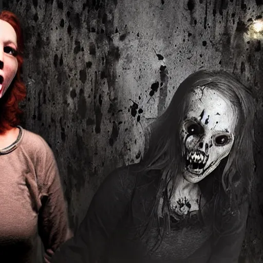 Prompt: dark haunted house with terrified woman pursued by headless zombies