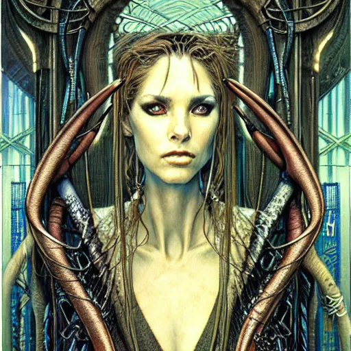 Image similar to a portrait of a resolved and smart female art nouveau cyberpunk shaman by john howe, ted nasmith and luis royo