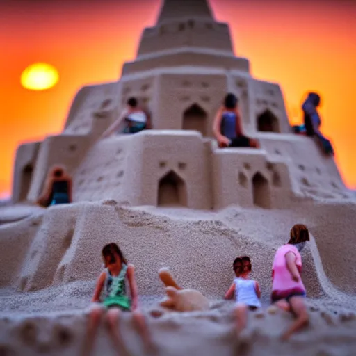 Prompt: gigantic human crowds inside sandcastle, coronation of the sand queen, sunset, tiltshift