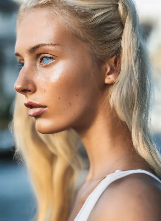 Prompt: photograph of an olive skinned blonde female model in her twenties, her hair pinned up, wearing a designer top, looking content, focused on her neck, photo realistic, extreme detail skin, natural beauty, no filter, slr, golden hour, 4 k, high definition, selfie