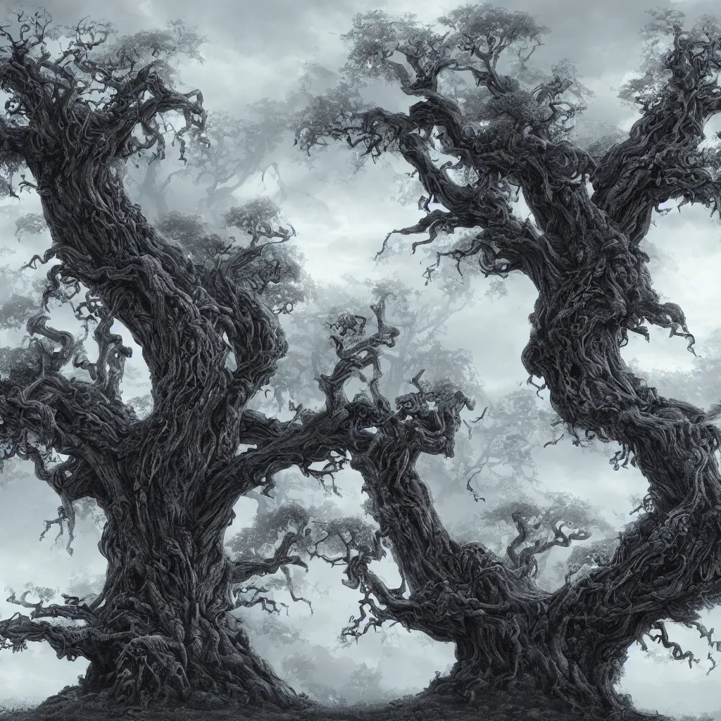 Prompt: evil ancient tree with skeleton in base, on a hill, a detailed matte painting, fantasy, foggy