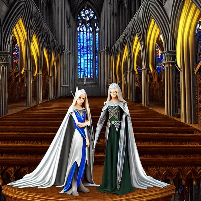 Image similar to an elf queen and ice queen in a gothic church, highly detailed, 4 k, hdr, smooth, sharp focus, high resolution, award - winning photo, illustrated by anne stokes, photorealistic