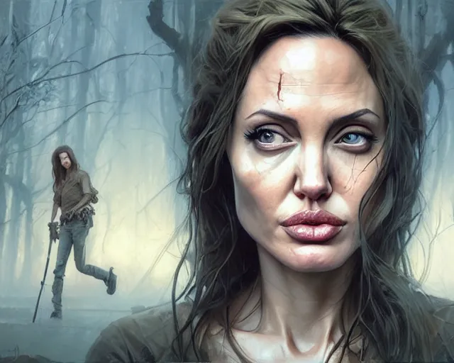 Prompt: highly detailed portrait of angelina jolie, in the walking dead, stephen bliss, unreal engine, fantasy art by greg rutkowski, loish, rhads, ferdinand knab, makoto shinkai and lois van baarle, ilya kuvshinov, rossdraws, tom bagshaw, global illumination, radiant light, detailed and intricate environment