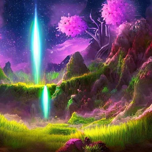 Image similar to airbrushed painting bioluminescent alien mountain landscape with strange glowing plants detailed with waterfalls and flowers and willow trees 4 k