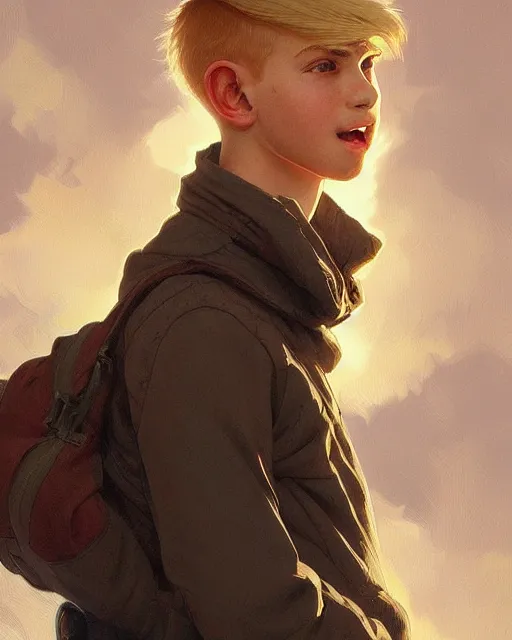 Image similar to 1 5 - year - old boy with blonde hair, round - face, and slightly buck - toothed, highly detailed, digital painting, artstation, concept art, smooth, sharp focus, illustration, art by artgerm and greg rutkowski and alphonse mucha