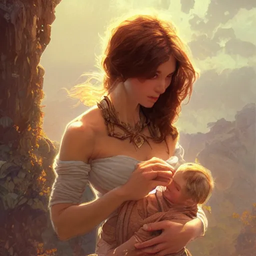 Image similar to giantess woman holding a small man in her hands, intricate, highly detailed, digital painting, artstation, concept art, smooth, sharp focus, illustration, unreal engine 5, 8 k, art by artgerm and greg rutkowski and alphonse mucha