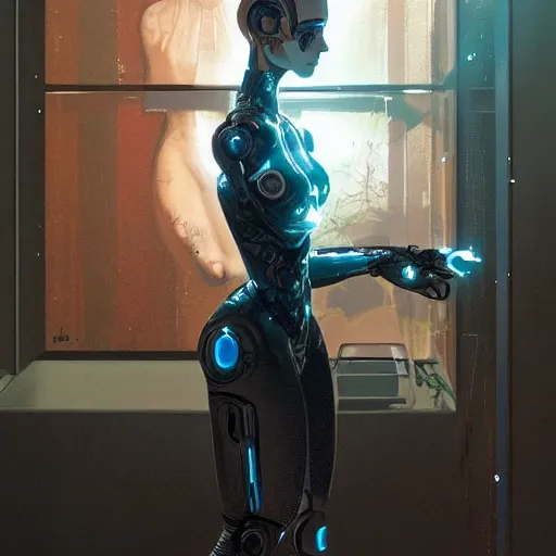 Prompt: The most advanced humanoid robot, Ex Machina (2014), Detroit Become Human (2018), intricate, highly detailed, digital painting, artstation, concept art, sharp focus, cinematic lighting, illustration, art by artgerm and greg rutkowski, alphonse mucha, cgsociety