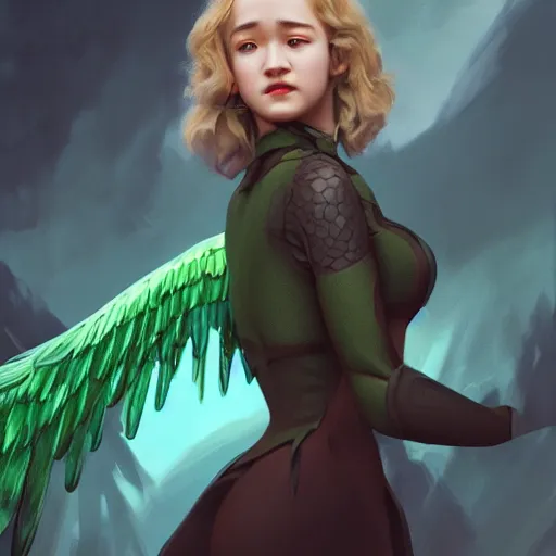 Image similar to julia garner starring as a green winged angel with dark hair, made by stanley artgerm lau, wlop, rossdraws, artstation, cgsociety, concept art, cgsociety, octane render, trending on artstation, artstationhd, artstationhq, unreal engine, 4 k, 8 k