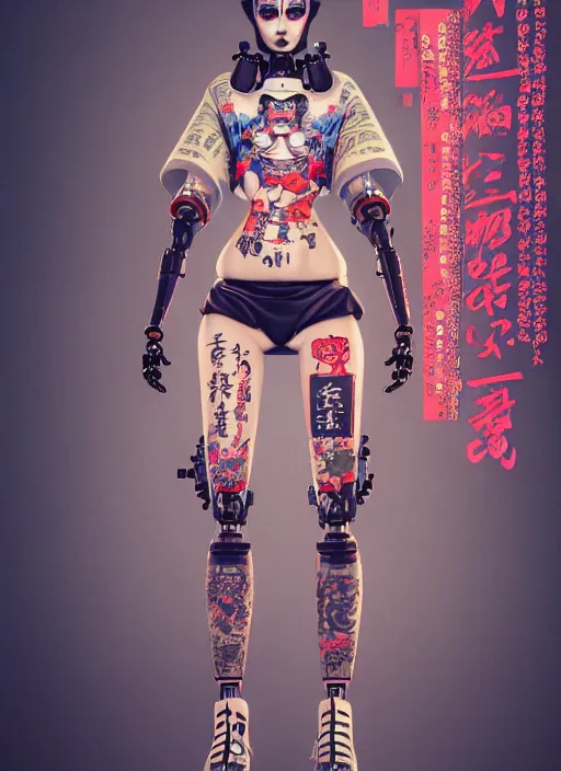 Image similar to full body photo of a punk geisha robot with kanji tattoos and decals wearing a digital pixelated kimono, intricate design, photo - realistic, octane render, ultra fine detailed, character design, trending on artstation