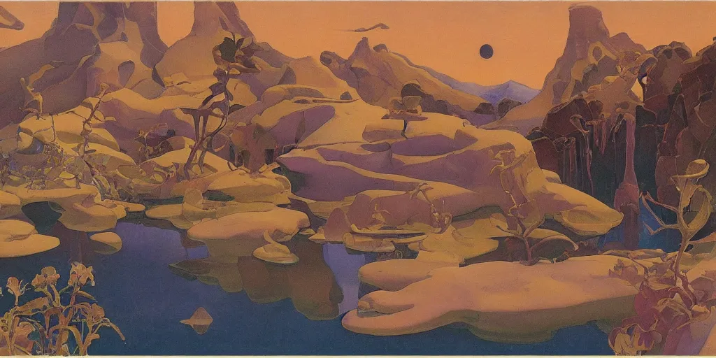 Image similar to a magnificently serene rendering of esoteric ephemera by adolf wolfli, nicholas roerich, jurgen ziewe, judson huss, and roger dean, photo realistic,