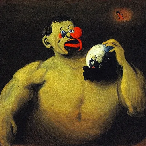 Image similar to elmo in the painting saturn devouring his son by goya, painting