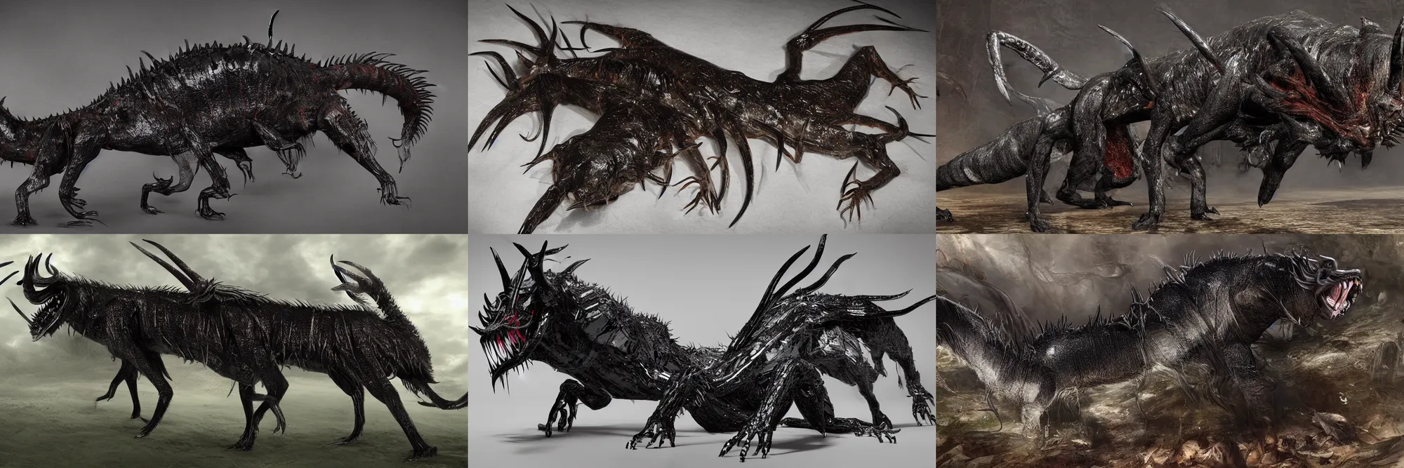 Prompt: a large, predatory creature with a long, segmented body. It has dozens of legs, each of which is tipped with a sharp claw. Its head is large and triangular, with two long, curved horns. Its eyes are black and glittering, and its mouth is full of sharp teeth. Its body is covered in tough, glossy scales, and its tail is long and whip-like. D&D character art, digital painting, Peter Mohrbacher, Alphonse Mucha, Brian Froud, Yoshitaka Amano, Kim Keever, Victo Ngai, James Jean