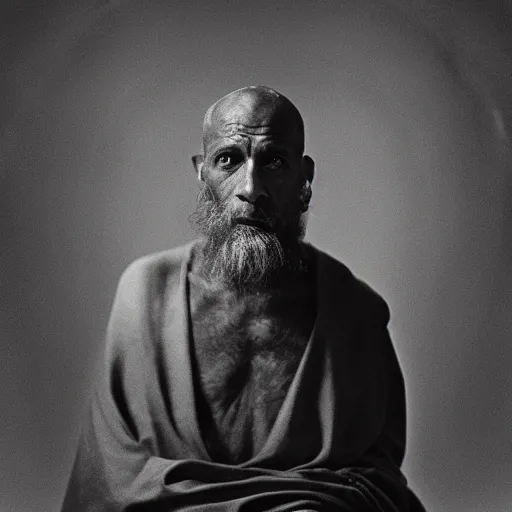 Prompt: black and white photo, portrait of 500 year old holy man by richard avedon, realistic, Leica, medium format, cinematic lighting, wet plate photography, parallax, high resolution-n 9