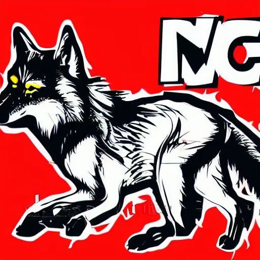 Image similar to vector illustration logo of a wolf with a mohawk gang tag graffiti, red and black, punk, spray smudge, masterpiece, banksy