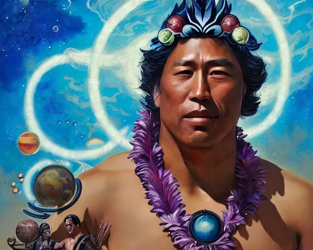 Image similar to duke kahanamoku as a hawaiian warrior surrounded by intergalactic planets connected by streams of multiversal flow, sigma male, gigachad, visually stunning, luxurious, by wlop, james jean, jakub rebelka, tran nguyen, peter mohrbacher, yoann lossel