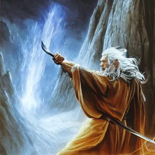 Image similar to beautiful gandalf fighting the balrog, by alan lee, lord of the rings, smooth, detailed terrain, oil painting, matte painting, concept art, trending on artstation