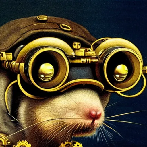 Image similar to a rat with steampunk googles, by David A. Hardy