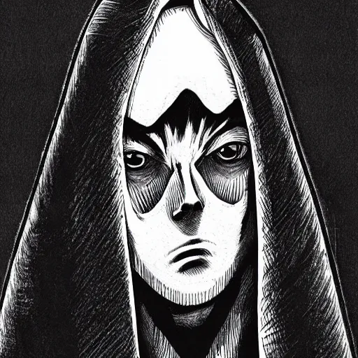 Image similar to hooded man, junji ito,