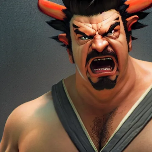 Prompt: danny mcbride as e. honda street fighter, yelling, ultra realistic, concept art, intricate details, highly detailed, photorealistic, octane render, 8 k, unreal engine, art by frank frazetta, simon bisley, brom