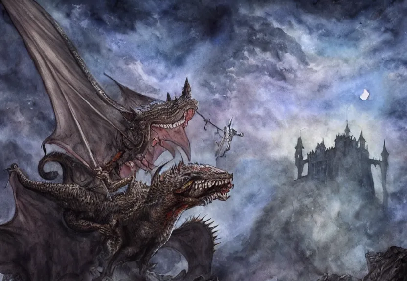 Image similar to possum adventurer fighting a dragon, medieval haunted castle under a dark starred sky, dark fantasy, watercolor, dreaming illusion, highly detailed, 4k, trending on Artstation, award-winning