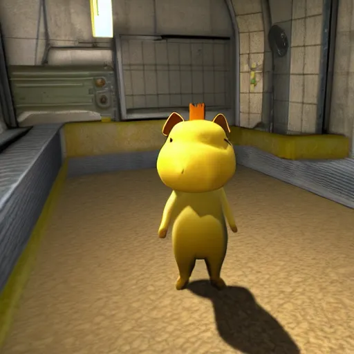 Prompt: capybara with a banana on its head . screenshot from half-life game