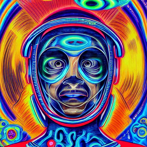 Prompt: a portrait of an astronaut in the style of alex grey,