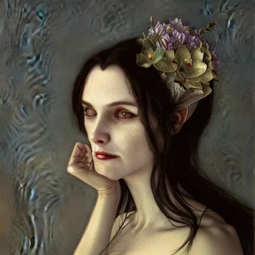 Image similar to portrait of a lady vampire, 35mm, 1800s, rim light, depth of field, DOF, ominous, sharp, highly detailed, photorealistic, realistic, unreal 5, high definition, 8k, deviantart, donato giancola, irwin penn, Alphonse Mucha