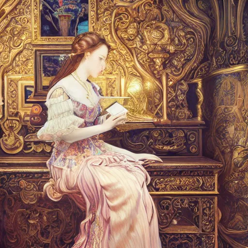 Image similar to a masterpiece ultradetailed art of a beautiful girl plaing computer baroque renaissance. medium shot, intricate, elegant, highly detailed, by stanley artgerm lau, wlop, rossdraws, james jean, andrei riabovitchev, marc simonetti, background by james jean and gustav klimt, light by julie bell, 4 k, porcelain skin.