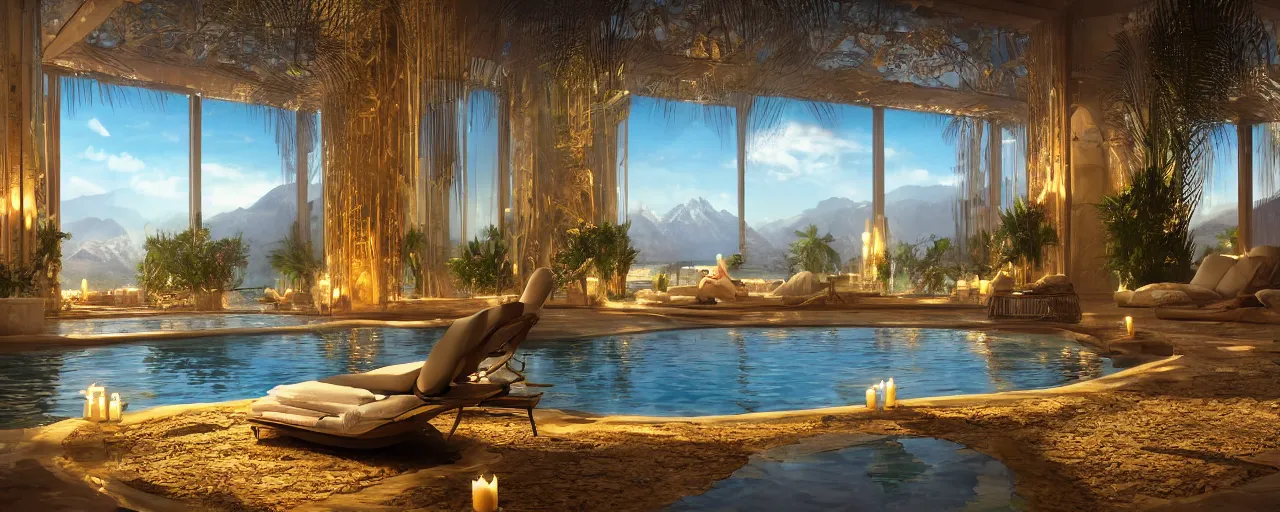 Image similar to surreal hyper luxury spa with intricate golden details with view to arid mountains and palm forest, god rays, candles, ultra detailed, photorealism, sharp focus, volumetric light, global illumination