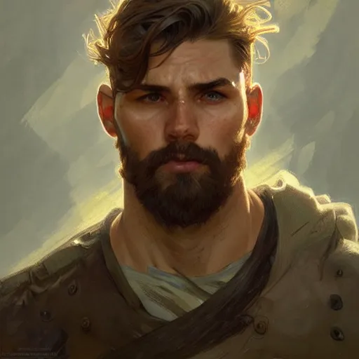 Prompt: portrait of rugged young male ranger muscular fantasy intricate elegant headshot portrait detailed face coherent face highly detailed digital painting artstation concept art smooth sharp focus illustration art by artgerm and greg rutkowski and alphonse mucha