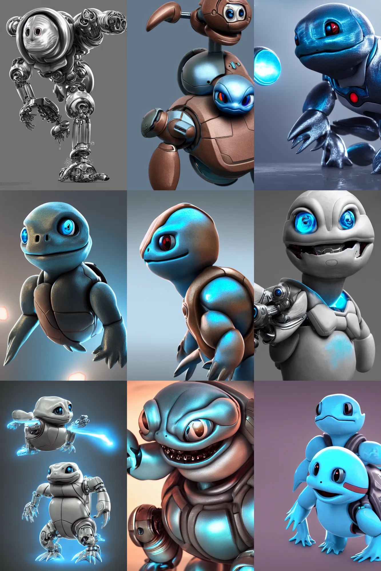 Prompt: Squirtle cyborg mechanical humanoid, digital art, 16k, hyperrealism, high detail, ray tracing, concept art, octane render