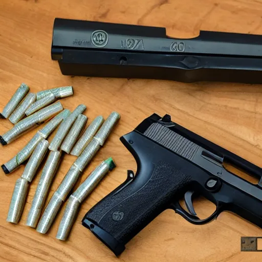 Image similar to beretta m 9 2 and glock g 1 7 on a table with 9 mm ammo all around