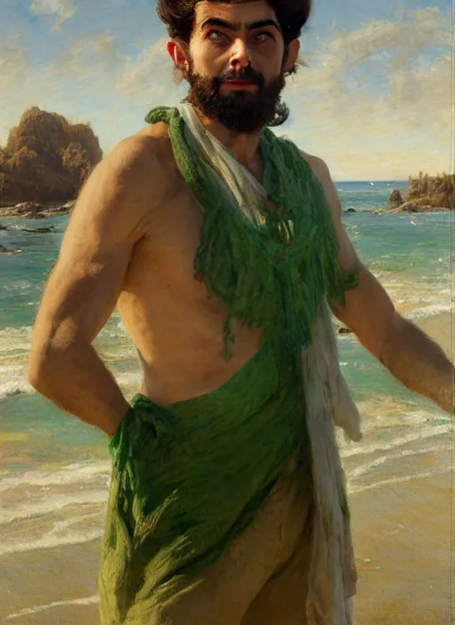 Prompt: detailed cinematic wide shot of muscular attractive young portuguese man ( ( mr. bean ) ) beard slim face symmetrical face tanskin green eyes white hair wearing sea clothes, ultra realistic, spring light, painting by gaston bussiere, craig mullins, j. c. leyendecker