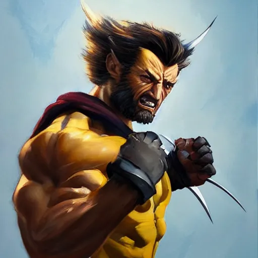 Image similar to Greg Manchess portrait painting of Wolverine as Overwatch character, medium shot, asymmetrical, profile picture, Organic Painting, sunny day, Matte Painting, bold shapes, hard edges, street art, trending on artstation, by Huang Guangjian and Gil Elvgren and Sachin Teng